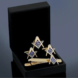 Elegant 5 Piece Gold and Blue Masonic Cufflinks, Tie Clip and Lapel Pin Set.